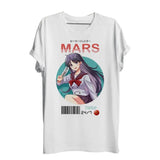 T-shirt sailor moon mars blanc en coton avec un graphisme circulaire d anime fille en uniforme scolaire tenant une épée mars