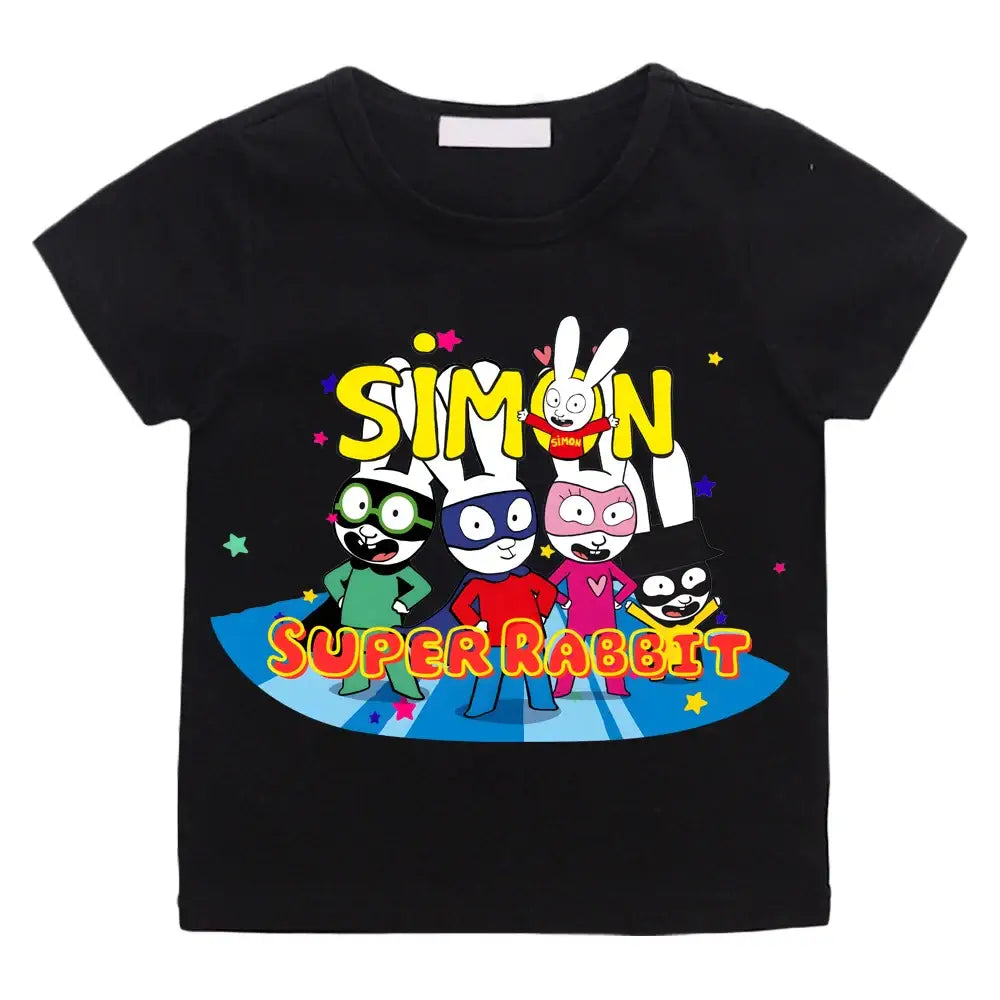 T-shirt simon super rabbit enfant noir à manches courtes avec graphisme coloré de cinq lapins super héros pleines d’énergie
