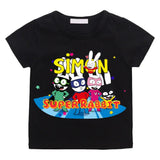 T-shirt simon super rabbit enfant noir à manches courtes avec graphisme coloré de cinq lapins super héros pleines d’énergie