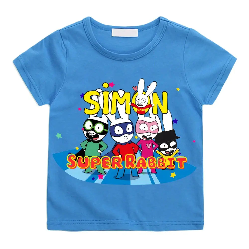 T-shirt simon super rabbit enfant bleu manches courtes avec illustration colorée de cinq lapins superhéros pleines d’énergie