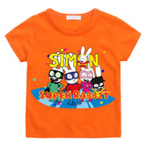 T-shirt simon super rabbit enfant orange avec graphisme coloré de cinq lapins super-héros pleins d énergie