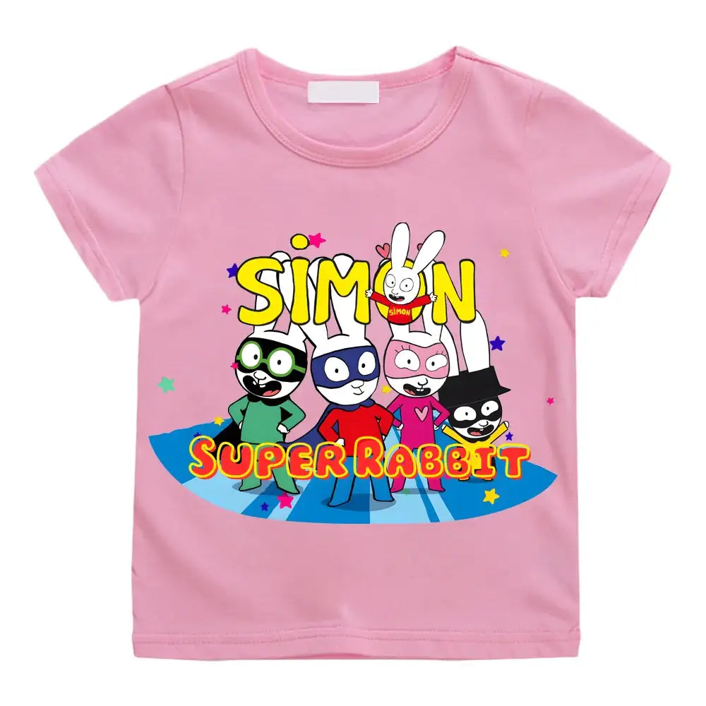 T-shirt simon super rabbit enfant rose avec graphique coloré de cinq lapins super héros pleines dénergie