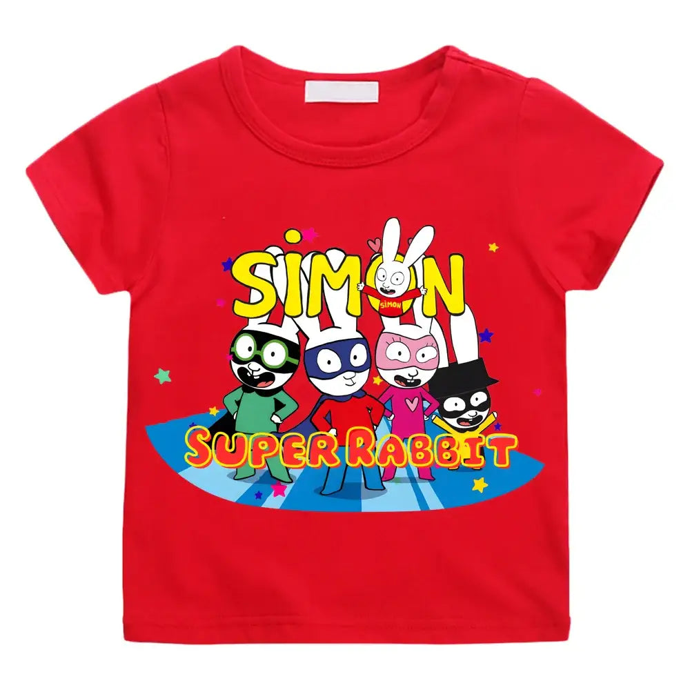 T-shirt simon super rabbit enfant rouge avec motif coloré de cinq lapins superhéros pleines d’énergie