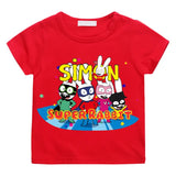 T-shirt simon super rabbit enfant rouge avec motif coloré de cinq lapins superhéros pleines d’énergie