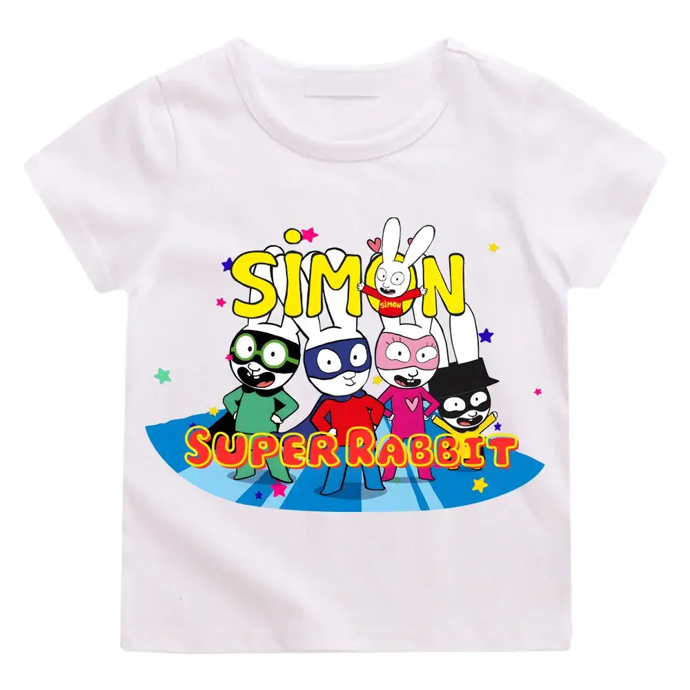 T-shirt simon super rabbit enfant blanc manches courtes avec graphisme coloré de cinq lapins superhéros pleines d’énergie