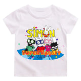 T-shirt simon super rabbit enfant blanc manches courtes avec graphisme coloré de cinq lapins superhéros pleines d’énergie