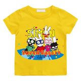 T-shirt simon super rabbit enfant jaune vif avec graphisme coloré de cinq lapins super héros pleines d’énergie