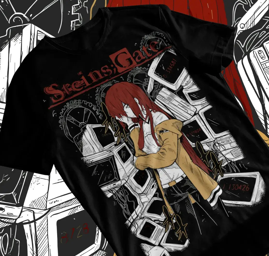 T-shirt noir en coton avec un graphisme détaillé de kurisu makise de steins gate au milieu d’écrans et engrenages