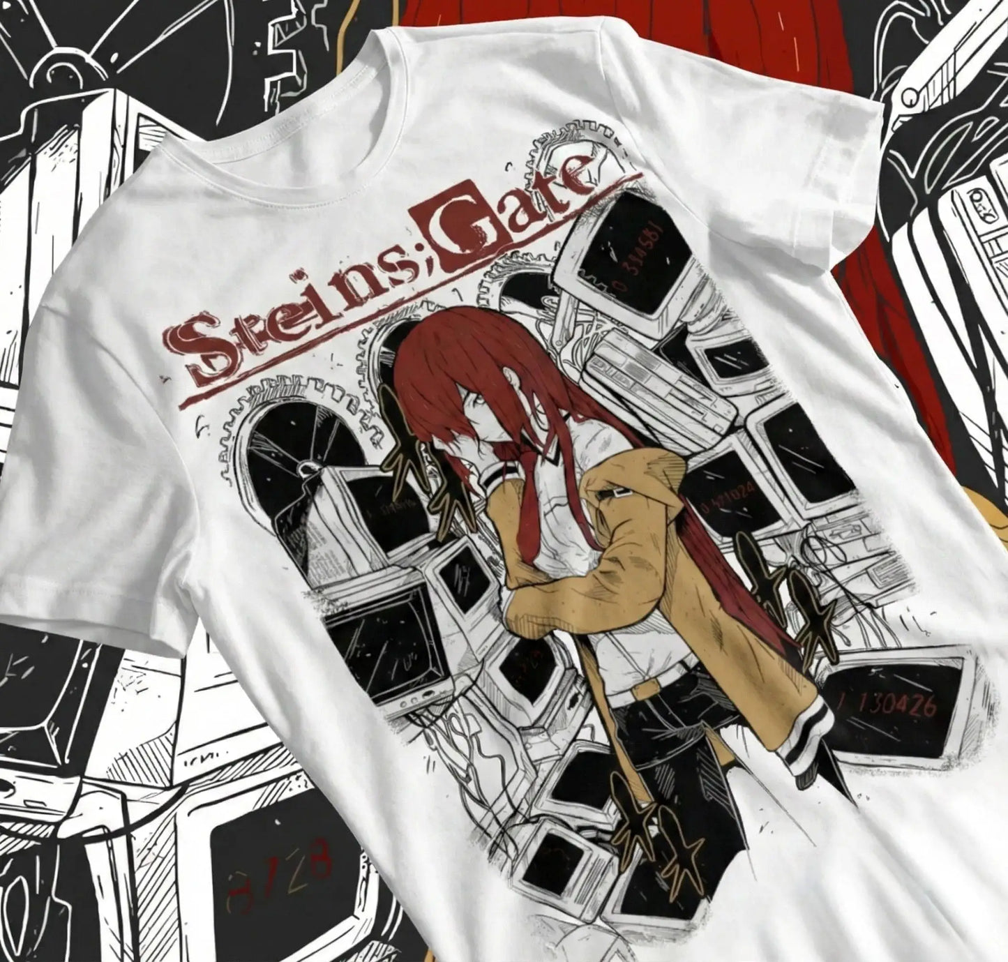 T-shirt en coton blanc avec illustration noire et rouge de kurisu makise steins gate entourée de moniteurs et engrenages