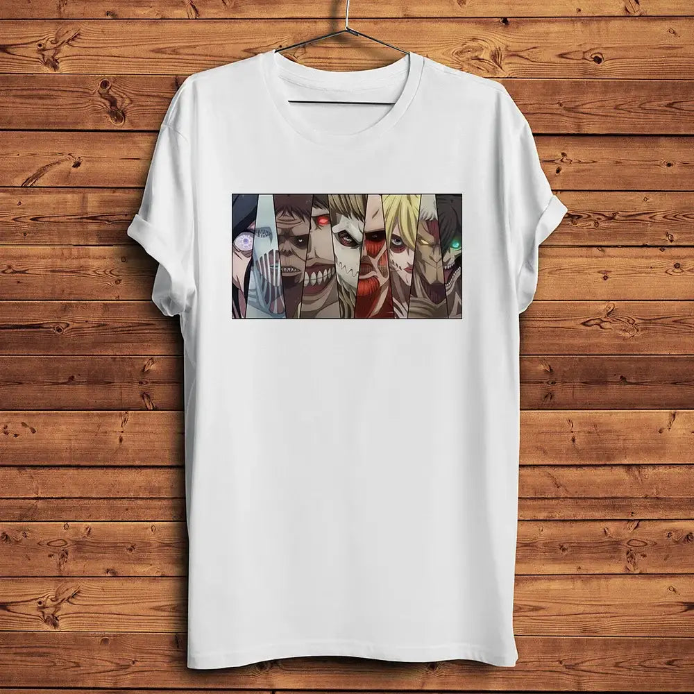 T-shirt anime l’attaque blanc en coton avec imprimé rectangulaire de cinq personnages de style manga attack on titan