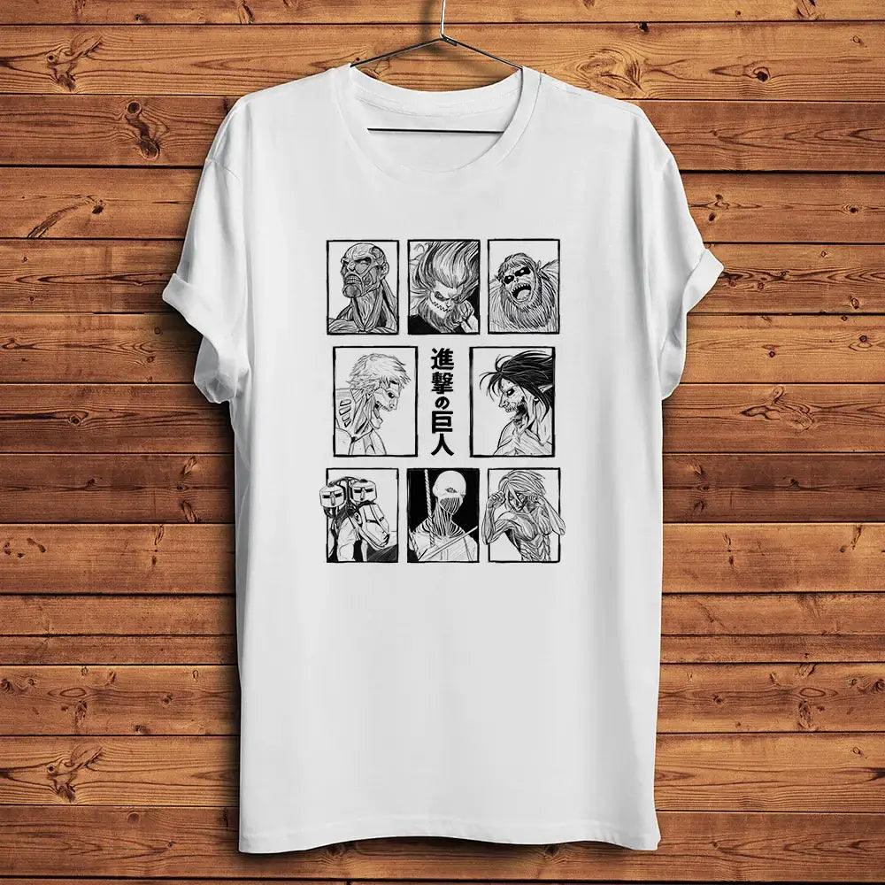 T-shirt anime lattaque blanc en coton avec graphisme noir et blanc de six titans style manga et texte japonais avance des géants