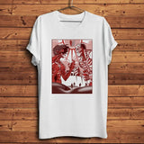 T-shirt coton blanc avec graphique rouge et rose de deux titans l’attaque anime style manga face à face