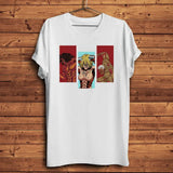 T-shirt blanc en coton style manga avec impression anime l’attaque de titans encadrée en rouge et bleu clair