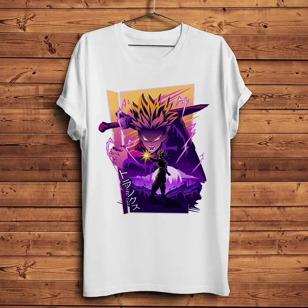 T-shirt trunks dragon ball en coton blanc avec un graphisme vibrant de goku guerrier saiyan en super saiyan