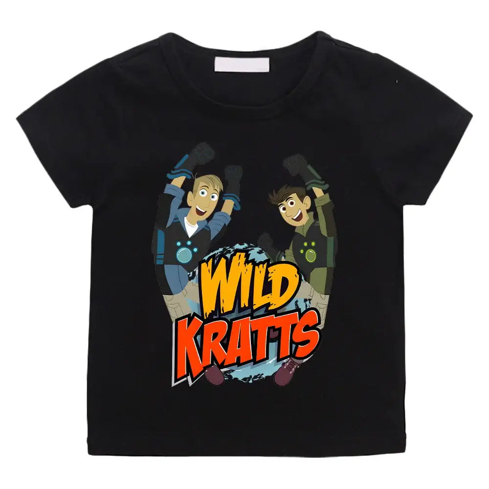 T-shirt wild kratts noir à manches courtes avec graphisme vibrant de kratts cartoon enfant en tenue d’aventure