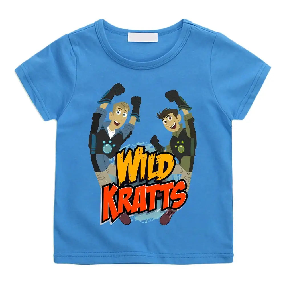 T-shirt wild kratts bleu vif avec un graphisme vibrant des personnages du kratts cartoon enfant en poses dynamiques