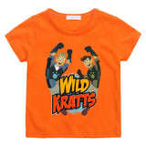T-shirt wild kratts enfant orange à manches courtes avec un graphisme vibrant de kratts cartoon en pose dynamique