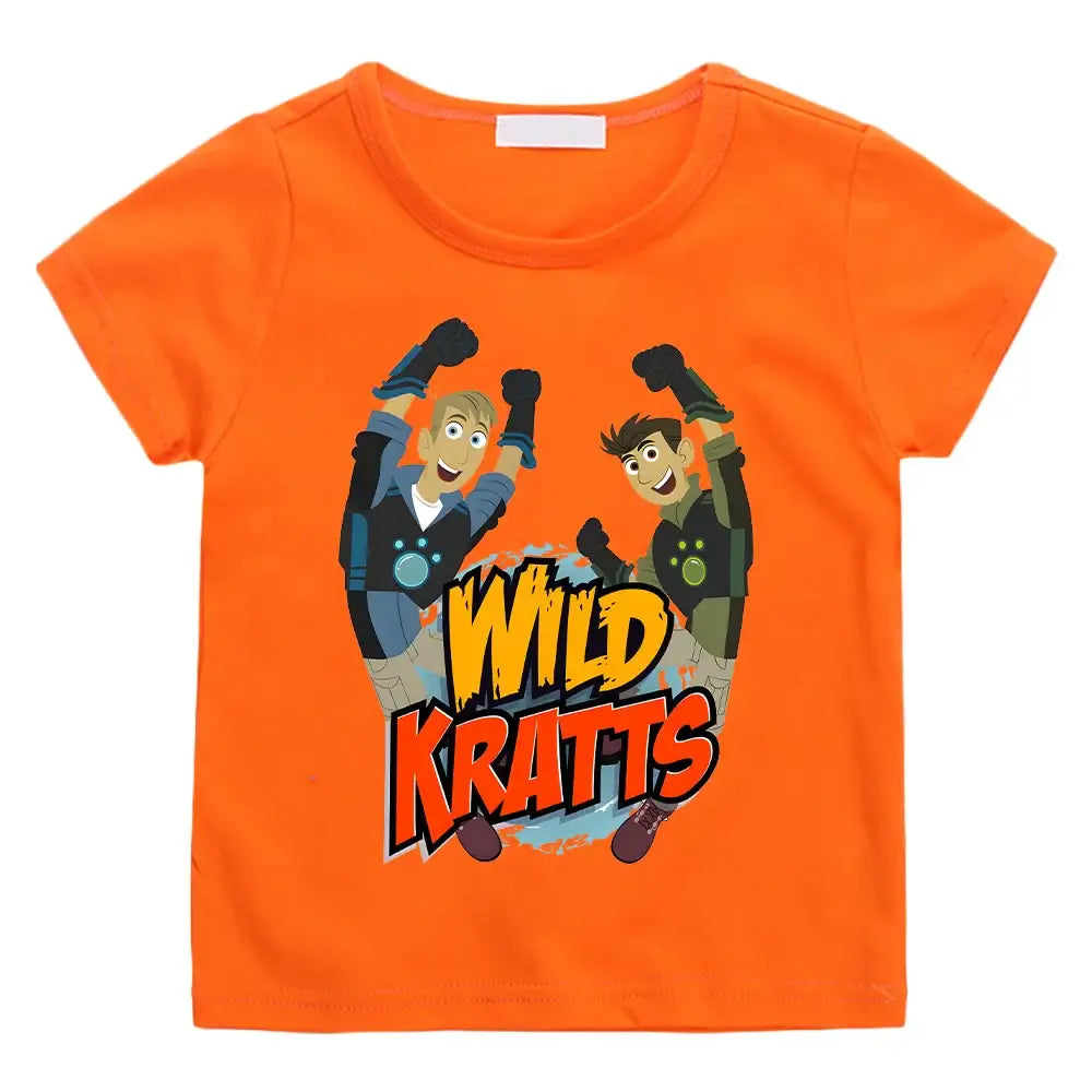 T-shirt wild kratts enfant orange à manches courtes avec un graphisme vibrant de kratts cartoon en pose dynamique