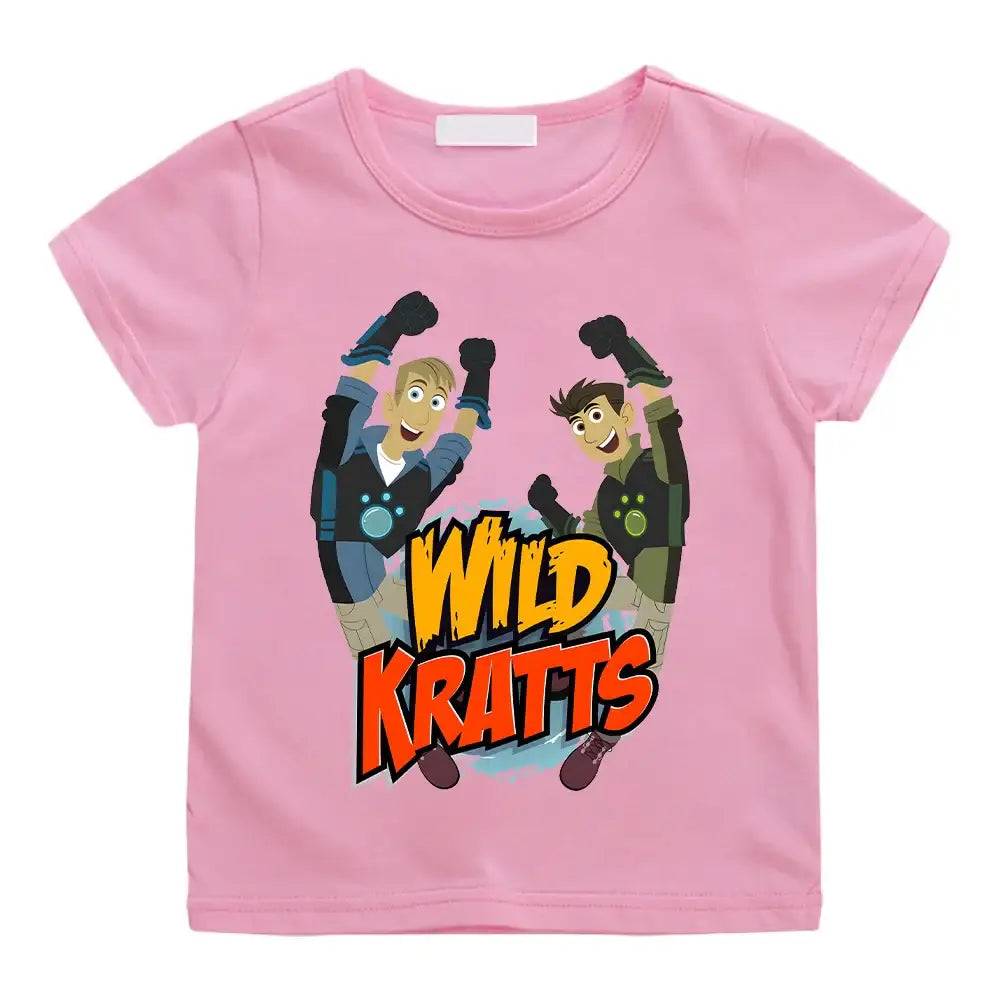 T-shirt wild kratts enfant rose à manches courtes avec un graphisme vibrant des personnages du kratts cartoon enfant