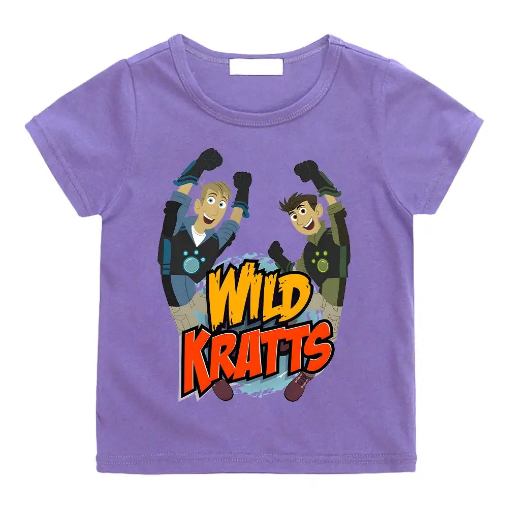 T-shirt wild kratts enfant violet à manches courtes avec un graphisme vibrant de kratts cartoon en pose dynamique