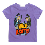 T-shirt wild kratts enfant violet à manches courtes avec un graphisme vibrant de kratts cartoon en pose dynamique