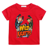 T-shirt wild kratts rouge enfant avec motif vibrant wild kratts et personnages animés en poses dynamiques