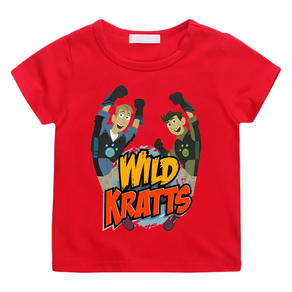 T-shirt wild kratts rouge enfant avec motif vibrant wild kratts et personnages animés en poses dynamiques