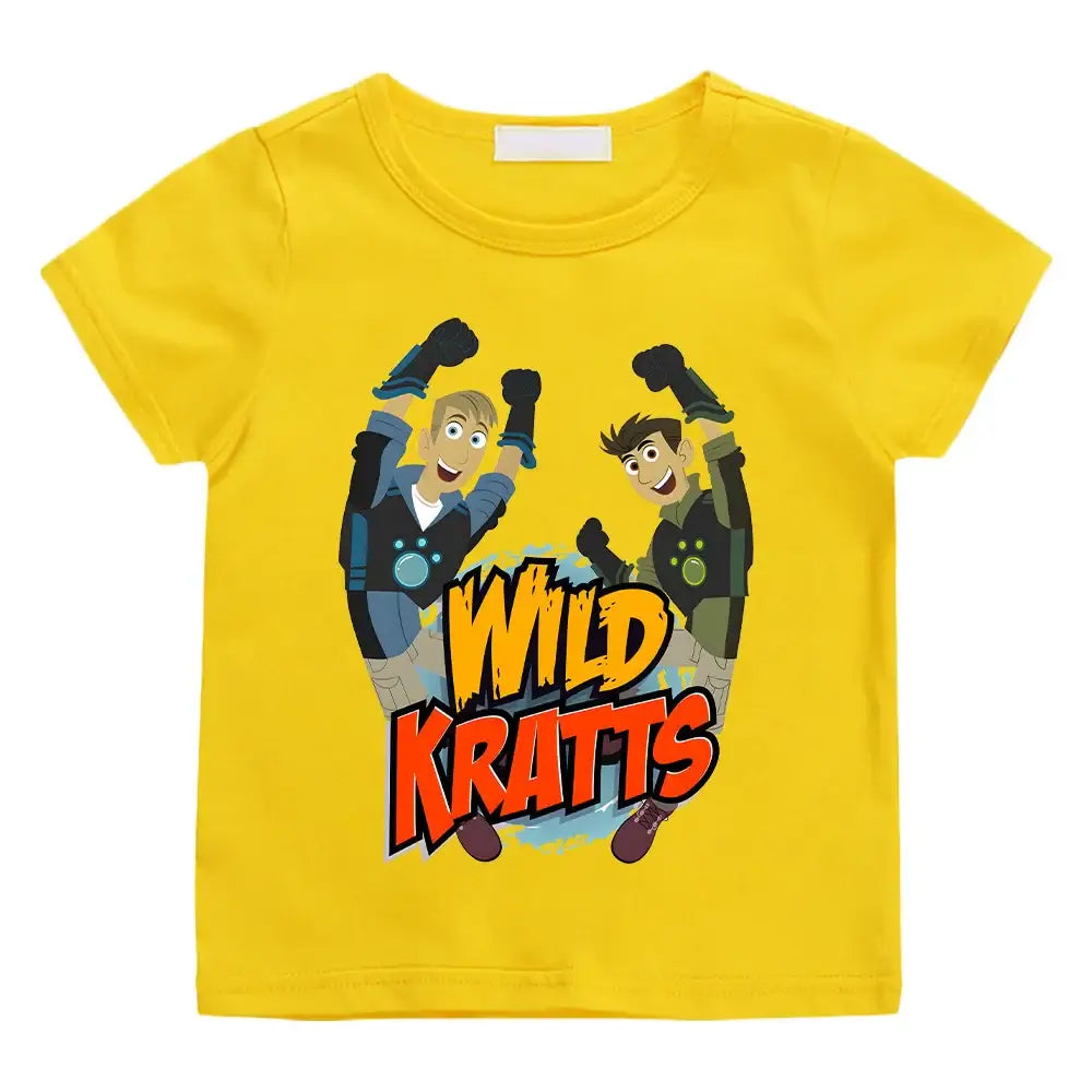 T-shirt wild kratts enfant jaune vif avec un graphisme vibrant de kratts cartoon enfant en poses dynamiques
