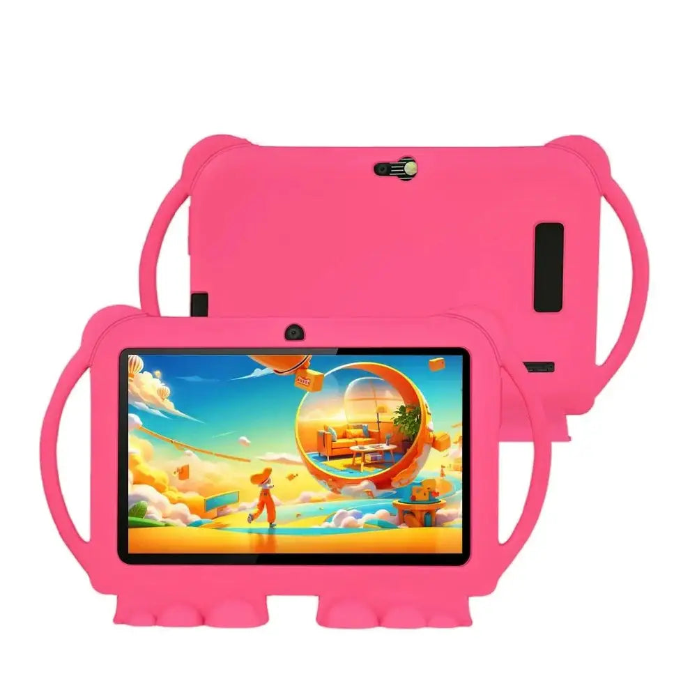 Coque de protection rose en silicone avec poignées intégrées et bords relevés pour tablette tactile enfant