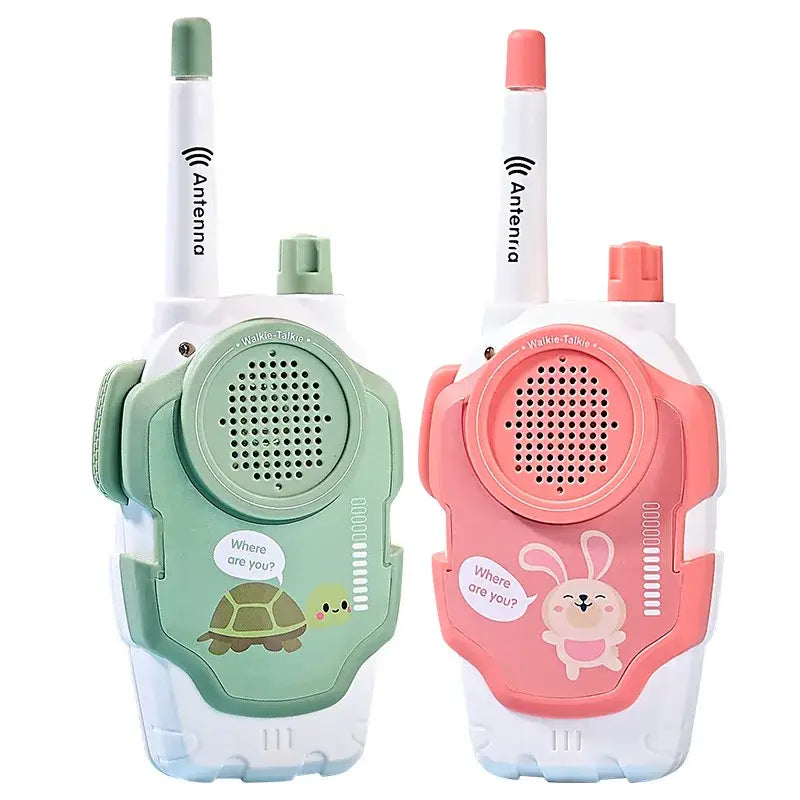 Paire de talkie walkie enfant avec corps blanc, un vert menthe tortue et un rose lapin, antennes colorées