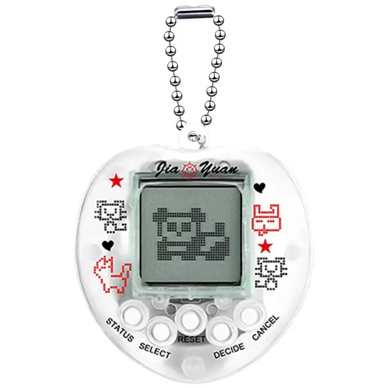 Tamagotchi cœur jeu d’élevage d’animaux virtuel transparent avec motifs pixel chat rouge et noir et chaîne argentée
