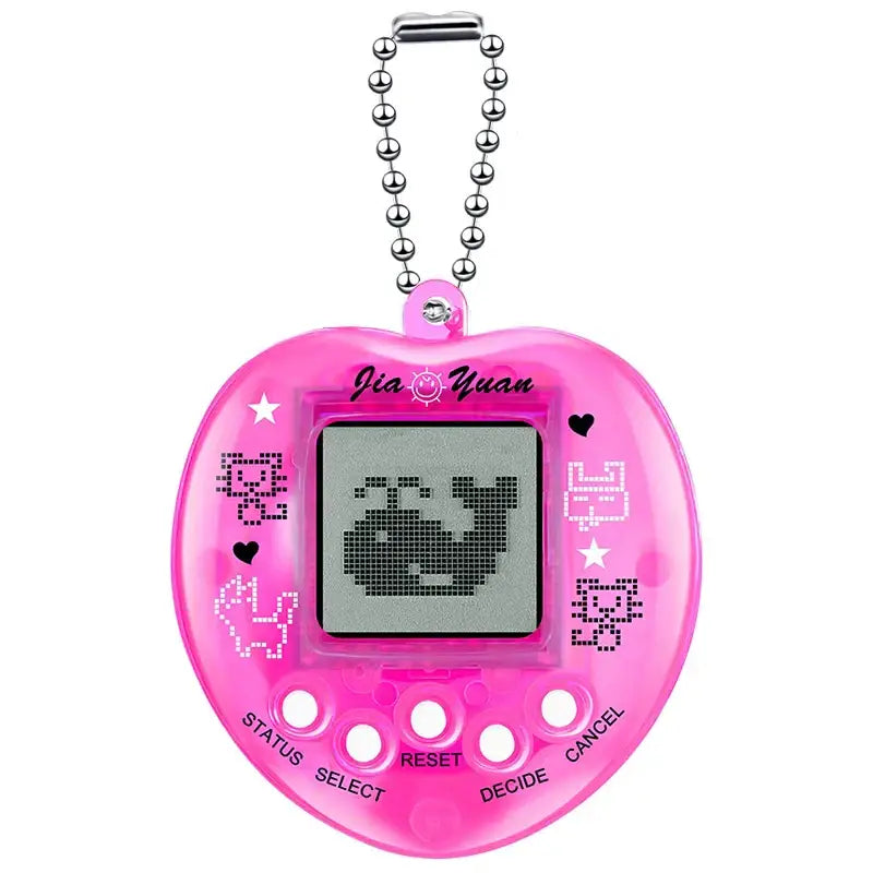 Tamagotchi cœur jeu d’élevage d’animaux virtuel en plastique rose translucide avec chaîne argentée et écran noir pixelisé