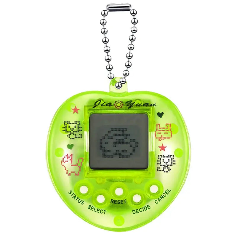 Tamagotchi cœur jeu d’élevage d’animaux vert lime en plastique avec chaîne argentée et créature pixelisée virtuelle