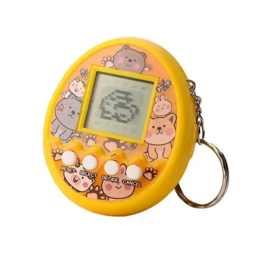 Tamagotchi électronique gestion jaune en plastique avec illustrations d’animaux et attache clé pour animaux virtuels à élever