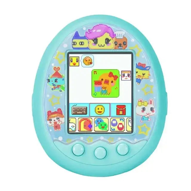 Tamagotchi electronique jouet interactif turquoise avec ecran couleur et coque plastique arrondie ornee de stickers animaux