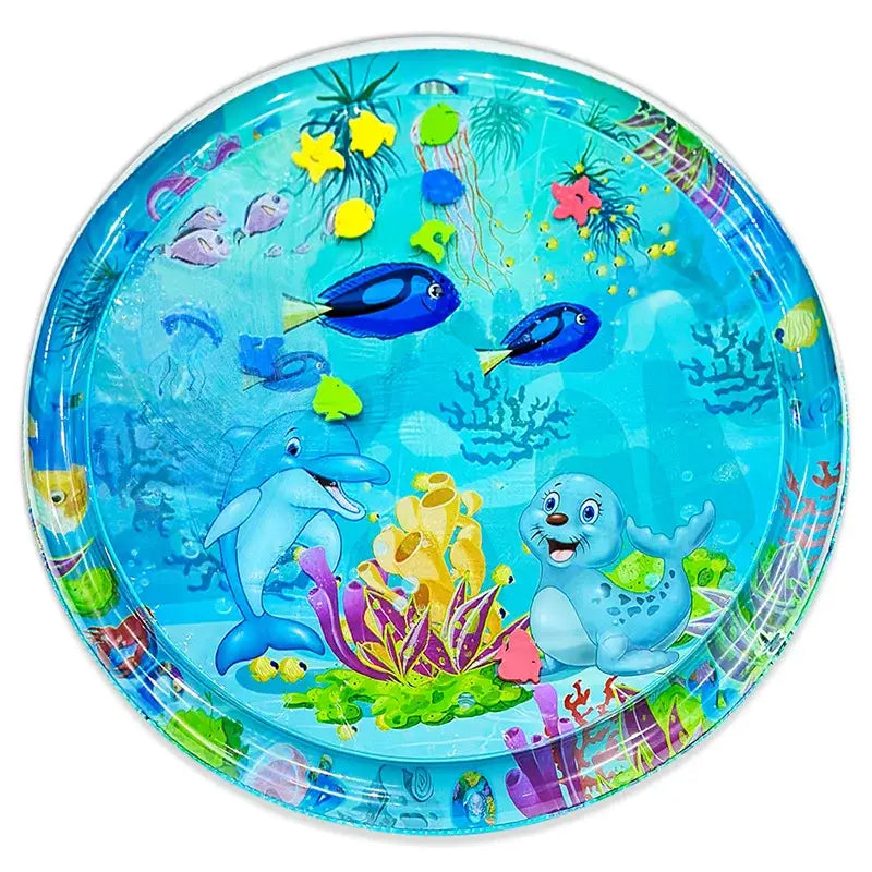 Tapis de jeu écologique large avec jeu à eau en pvc et formes colorées pour bébé sur fond bleu océan avec dauphins cartoon