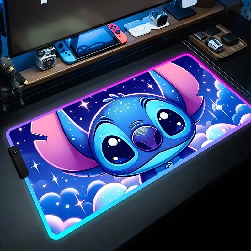 Tapis de souris led rgb stitch nuage lumineux avec éclairage led rgb personnalisable et design ciel étoilé bleu et rose