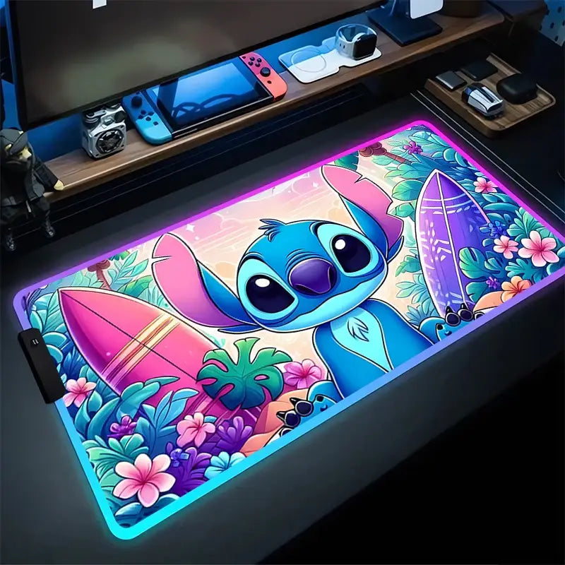 Tapis de souris led rgb stitch plage surf avec éclairage led rgb violet à bleu et motif tropical surf et fleurs