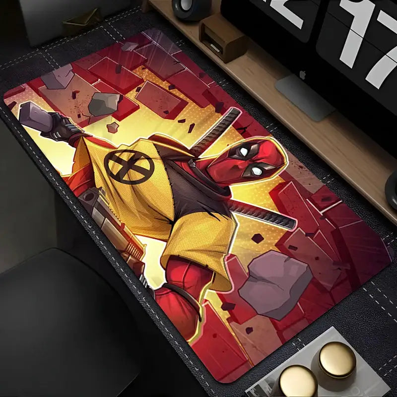 Tapis de souris xxl marvel deadpool avec illustration dynamique rouge et jaune pour une stabilité parfaite gaming