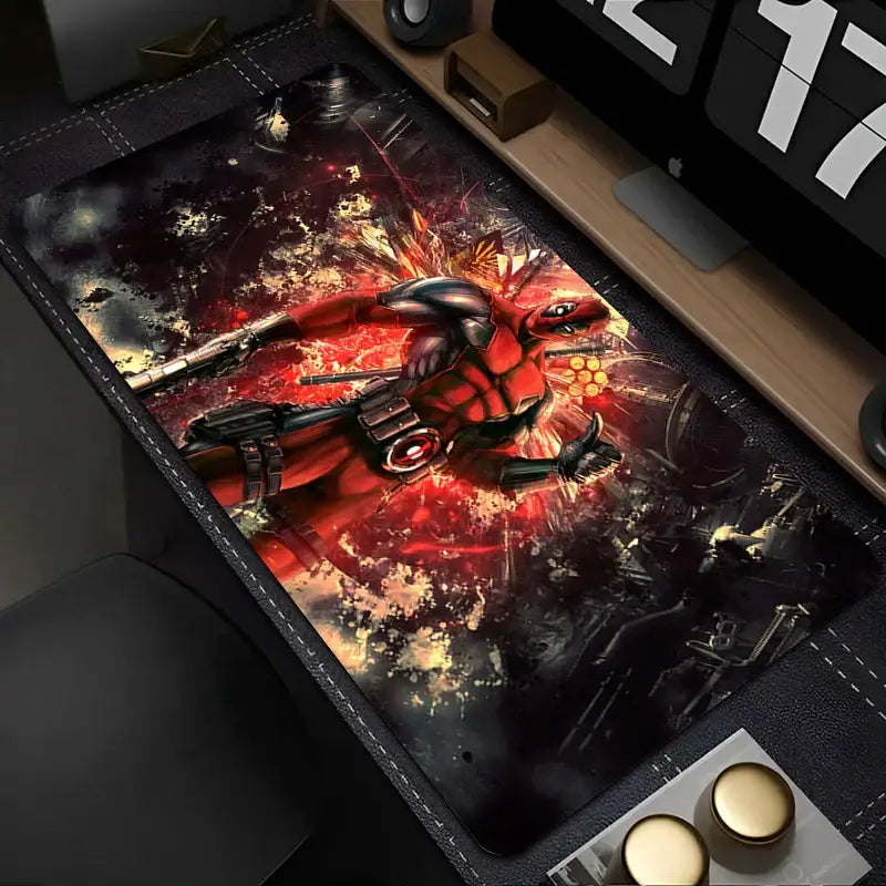 Tapis de souris xxl marvel deadpool avec finition noire à bords cousus pour une stabilité parfaite et figurine rouge et noire deadpool