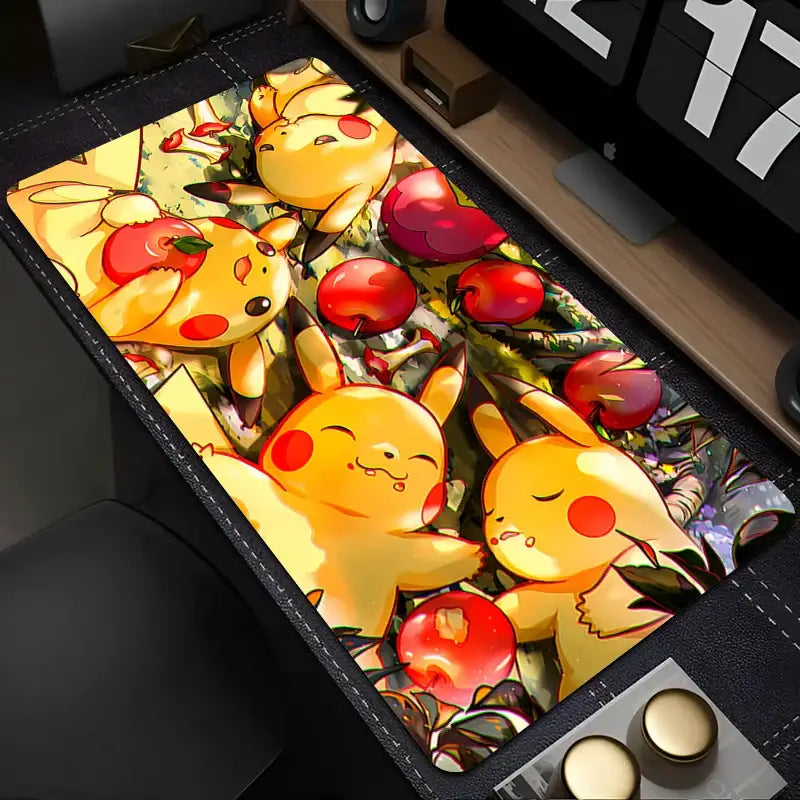 Tapis de souris xxl pikachu noir avec illustration vibrante de pikachu jaune, pommes rouges et feuillage vert sur surface lisse