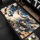 Tapis souris xxl demon slayer inosuke avec cadre noir et illustration anime bleu orange et motifs tourbillonnants
