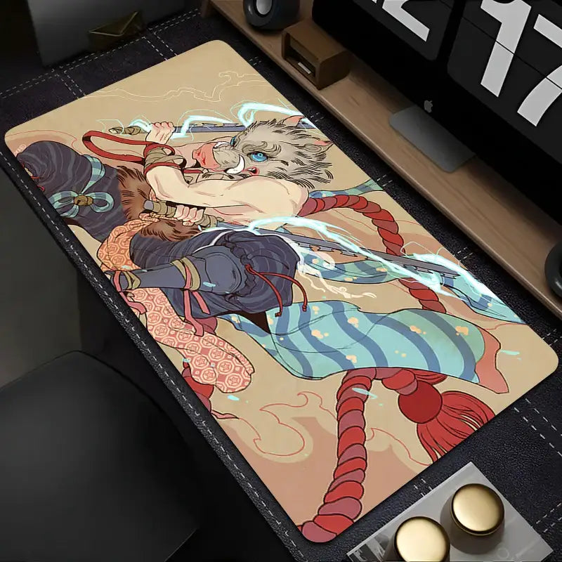 Tapis souris xxl demon slayer inosuke avec illustration anime d un personnage musclé aux yeux bleus et épée sur fond beige