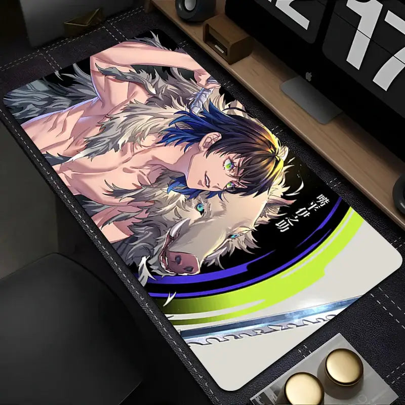 Tapis souris xxl demon slayer inosuke avec illustration anime bleu vert et loup blanc sur fond neon jaune violet