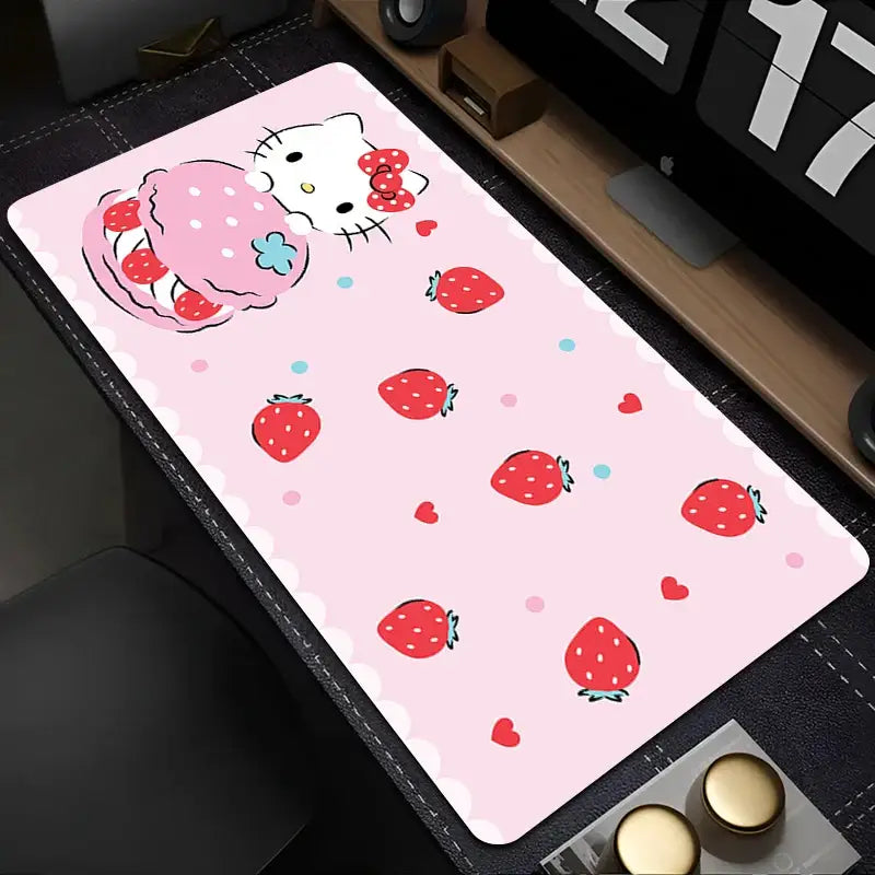 Tapis souris xxl hello kitty rose avec design adorable personnage tenant un macaron fraise et motifs fraises et coeurs
