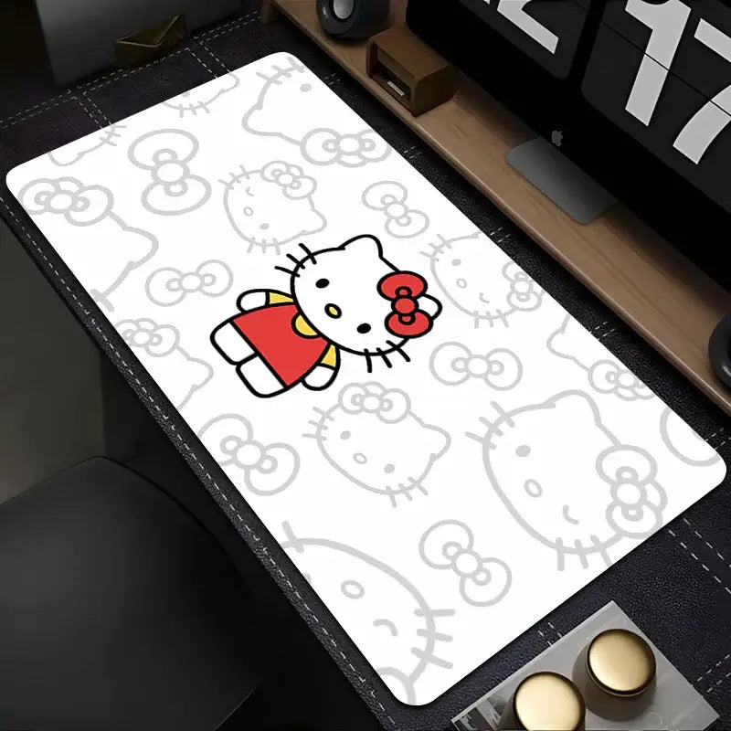 Tapis souris xxl hello kitty blanc avec design adorable en rouge noir et contours gris pour bureau moderne