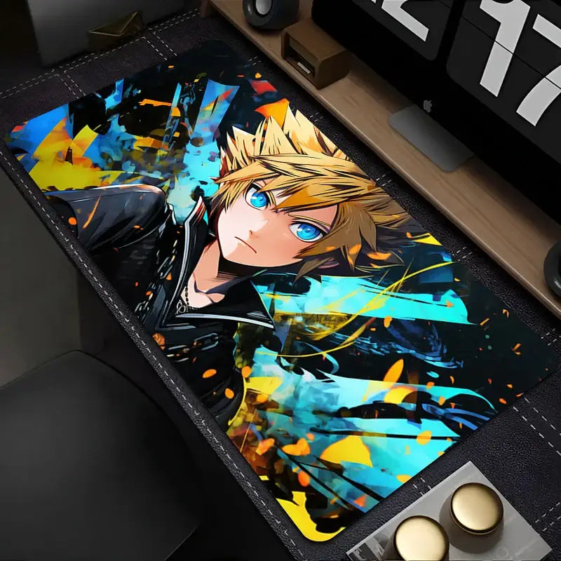 Tapis souris xxl kingdom hearts avec illustration anime vive personnage blond aux yeux bleus sur fond teal et jaune