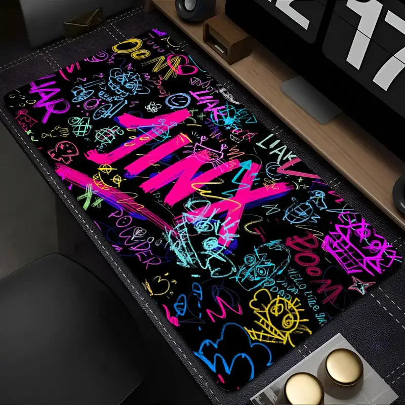 Tapis souris xxl league of legends noir avec lettrage néon rose bleu jaune et violet pour invocateurs exigeants