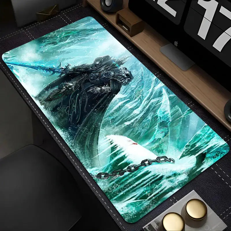 Tapis souris xxl world of warcraft roi liche avec illustration détaillée roi liche armuré et épée bleue lumineuse
