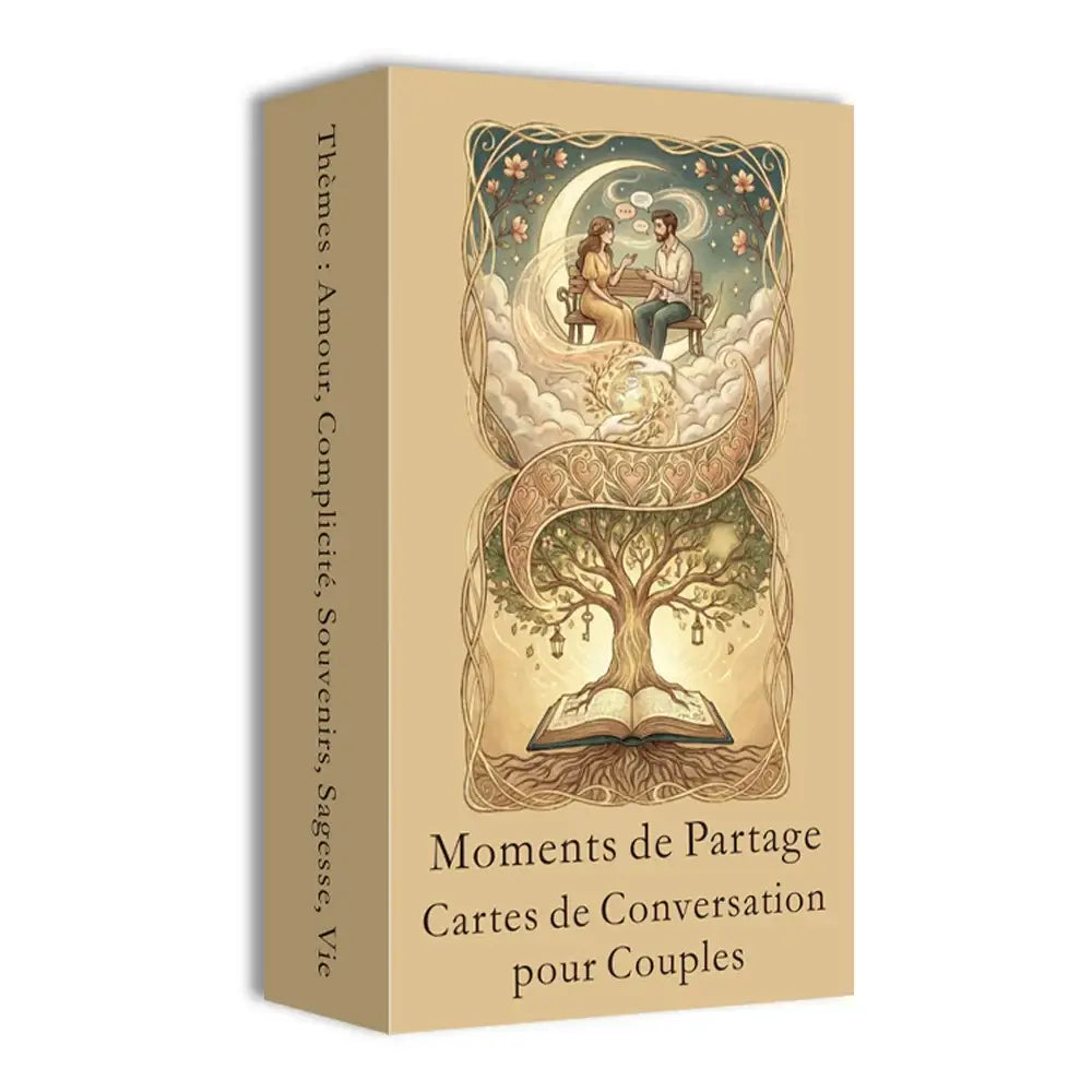 Beige rectangular tarot français conversation box featuring a couple under a moon and tree from an open book design